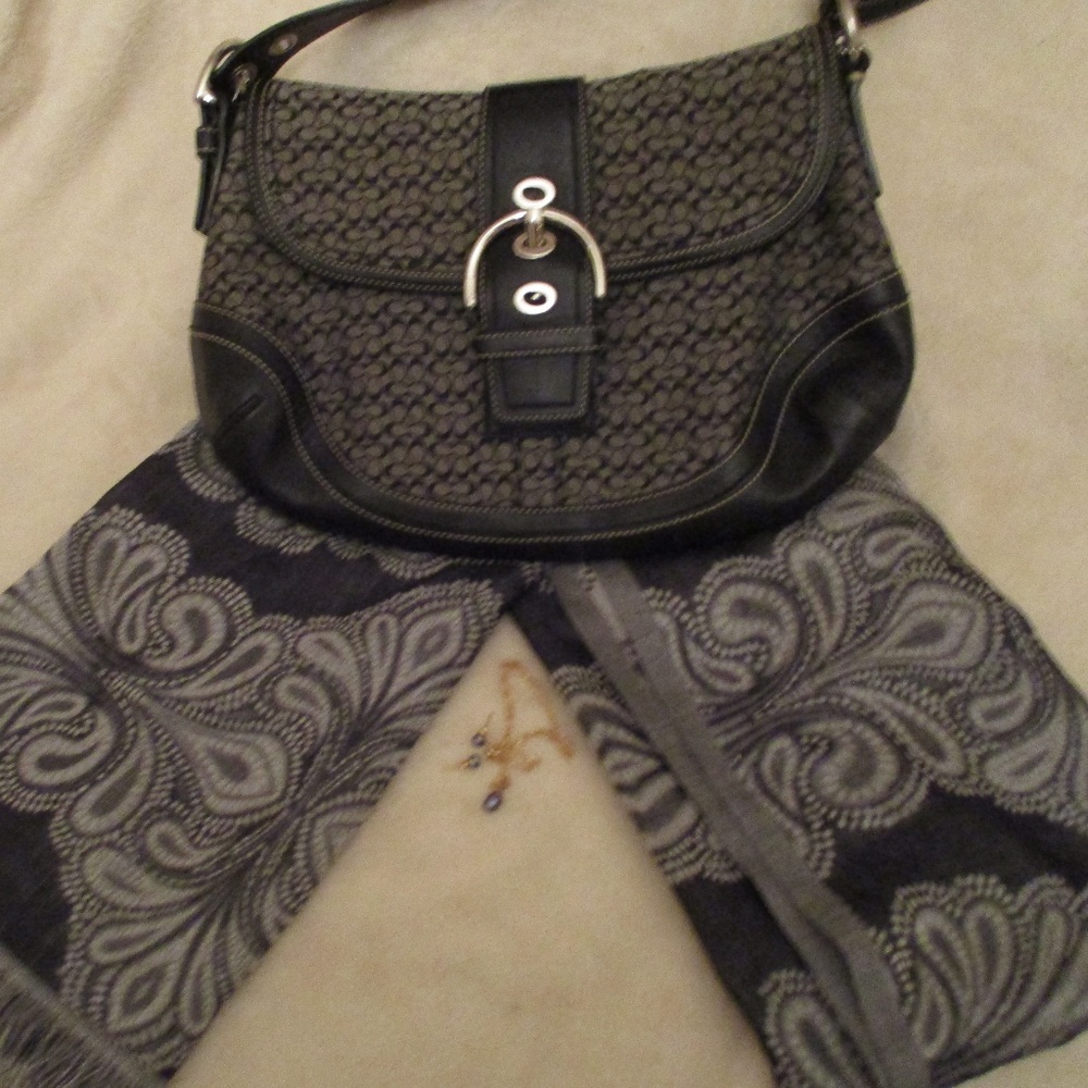 Black Coach Handbag, Scarf & Black Pearl Jewelry